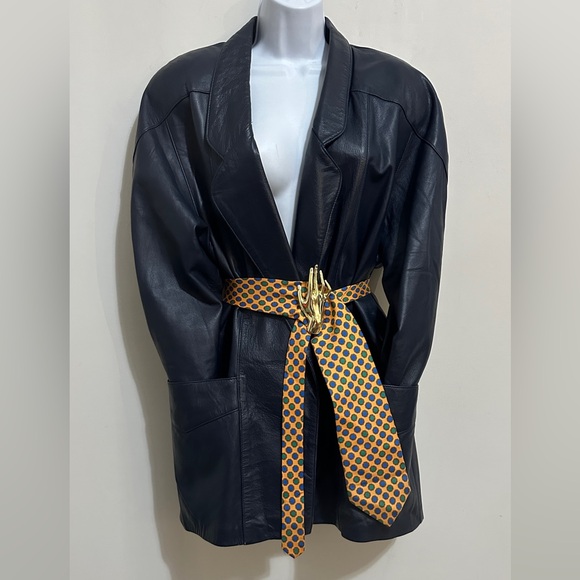 Vintage Genuine Leather Navy Blazer Style Jacket Large Front Pockets Size M - Picture 10 of 13